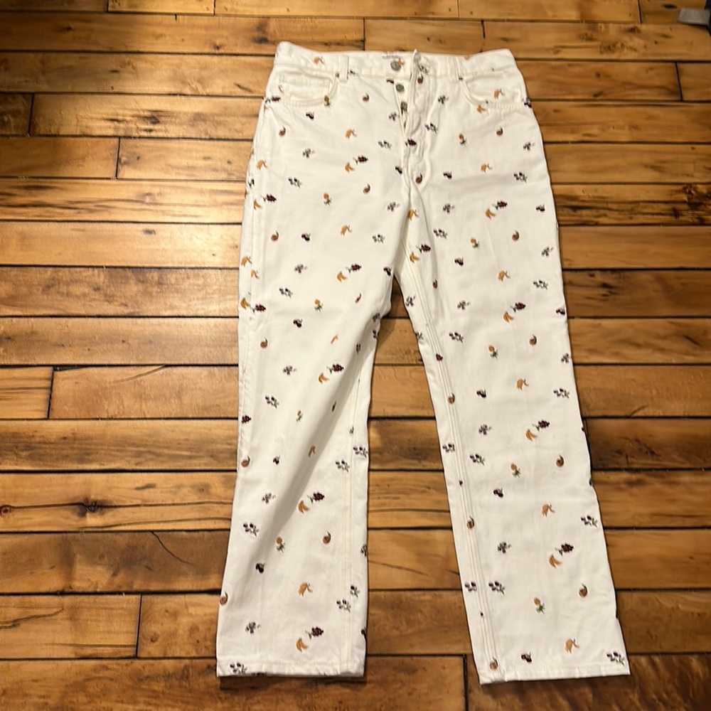 Reformation white jeans with fruit embroidery